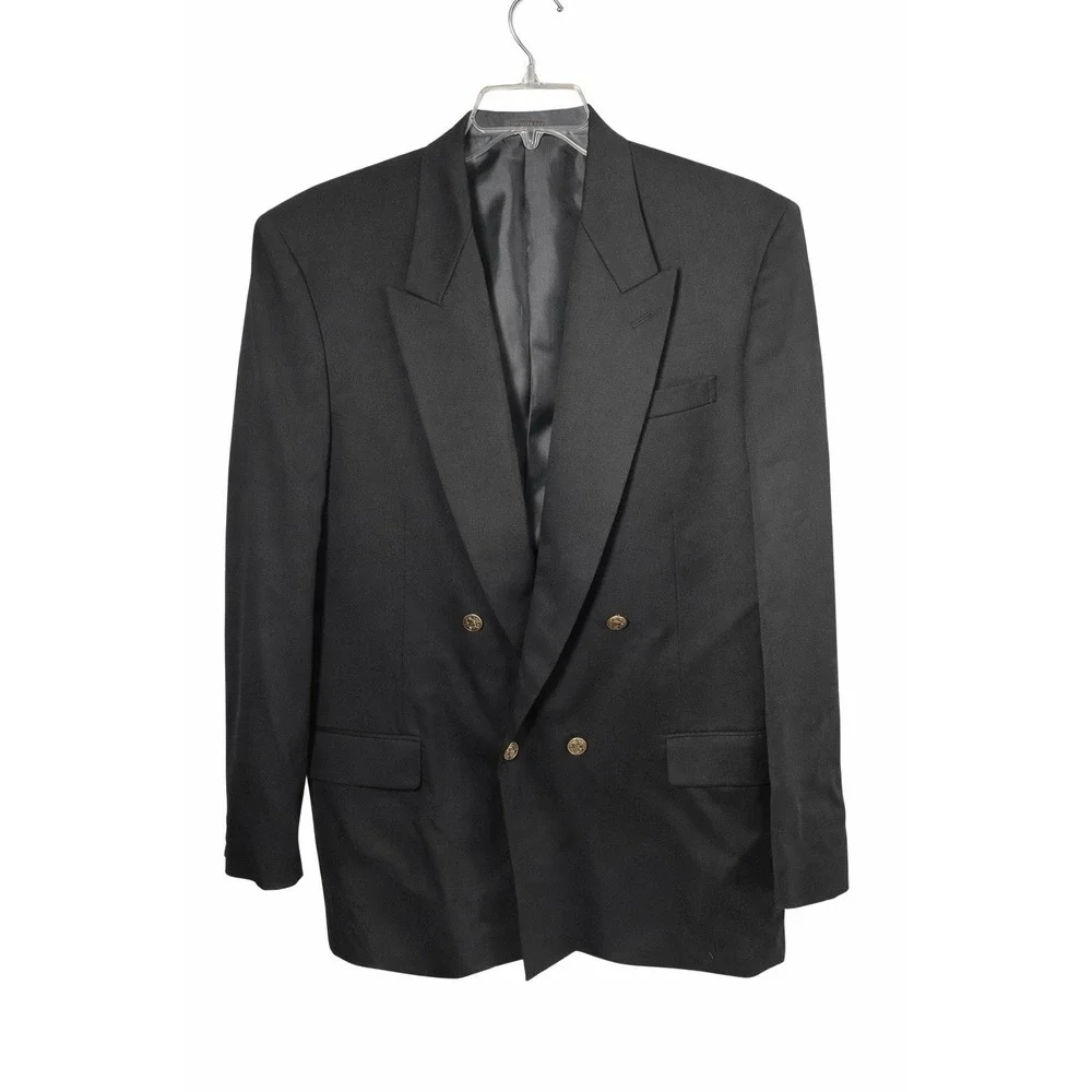 Roberto Visconti Mens Black Double Breasted Blazer Gold Crest Buttons Size 40R